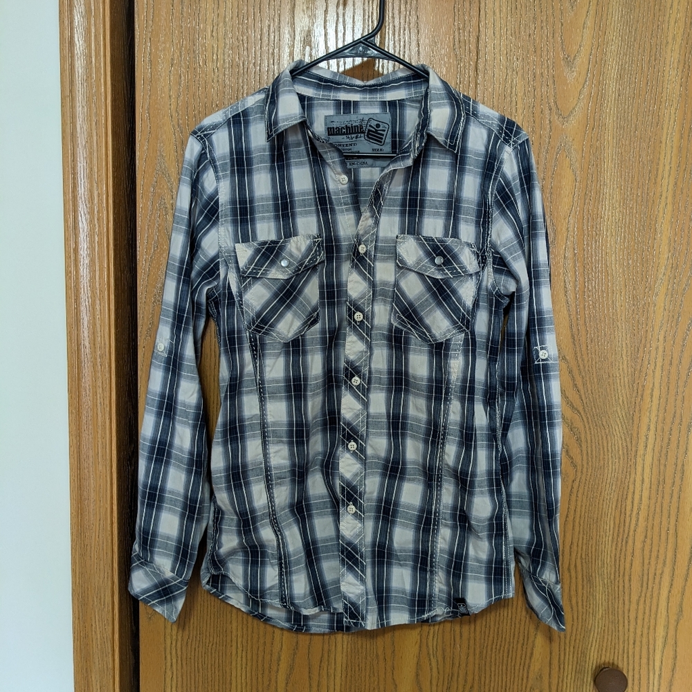 Blue and White Plaid Button Up